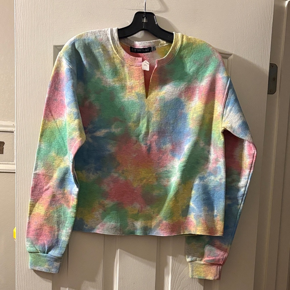 John Eshaya NWT Tie Dye Raw Edge Long Sleeve Sweatshirt size P/S